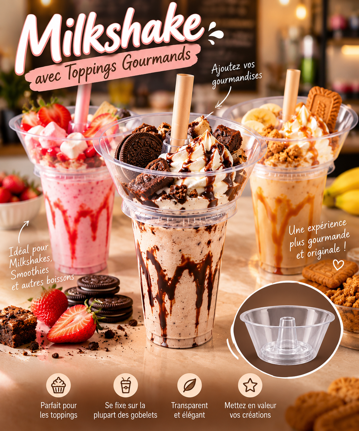 Bol à snacks transparent pour gobelet Ø 90 mm – Support à toppings