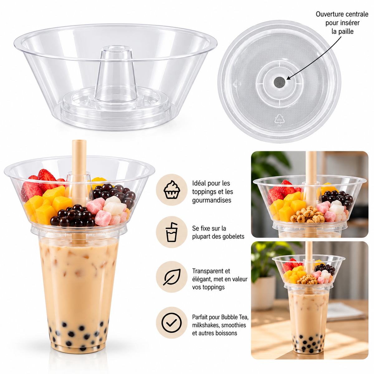 Bol à snacks transparent pour gobelet Ø 90 mm – Support à toppings